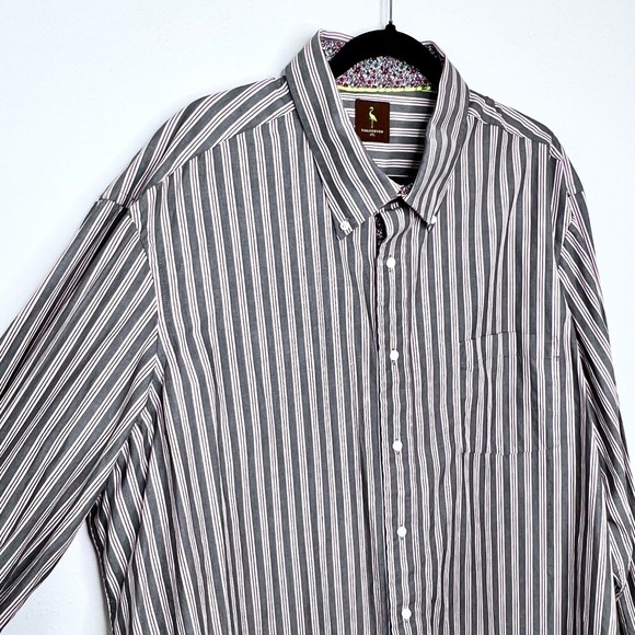 Tailorbyrd Mens Long Sleeve Dress Shirt 2XL Gray Striped Floral Contrast - Picture 2 of 8